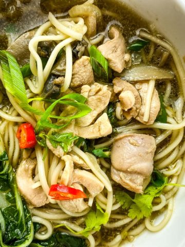 Bowl with broth, chicken, vegetables and noodles.