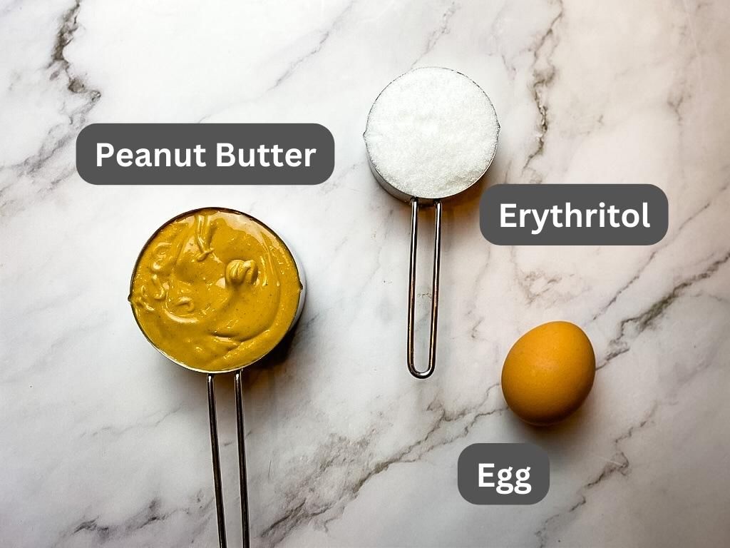 Ingredients for 3 Ingredient Peanut Butter Keto Cookie - Peanut butter, erythritol, and egg 