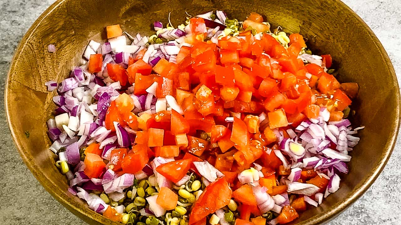 Sprouted Mung Salad (Indian Moong Bean Salad Recipe) Caramel and Spice