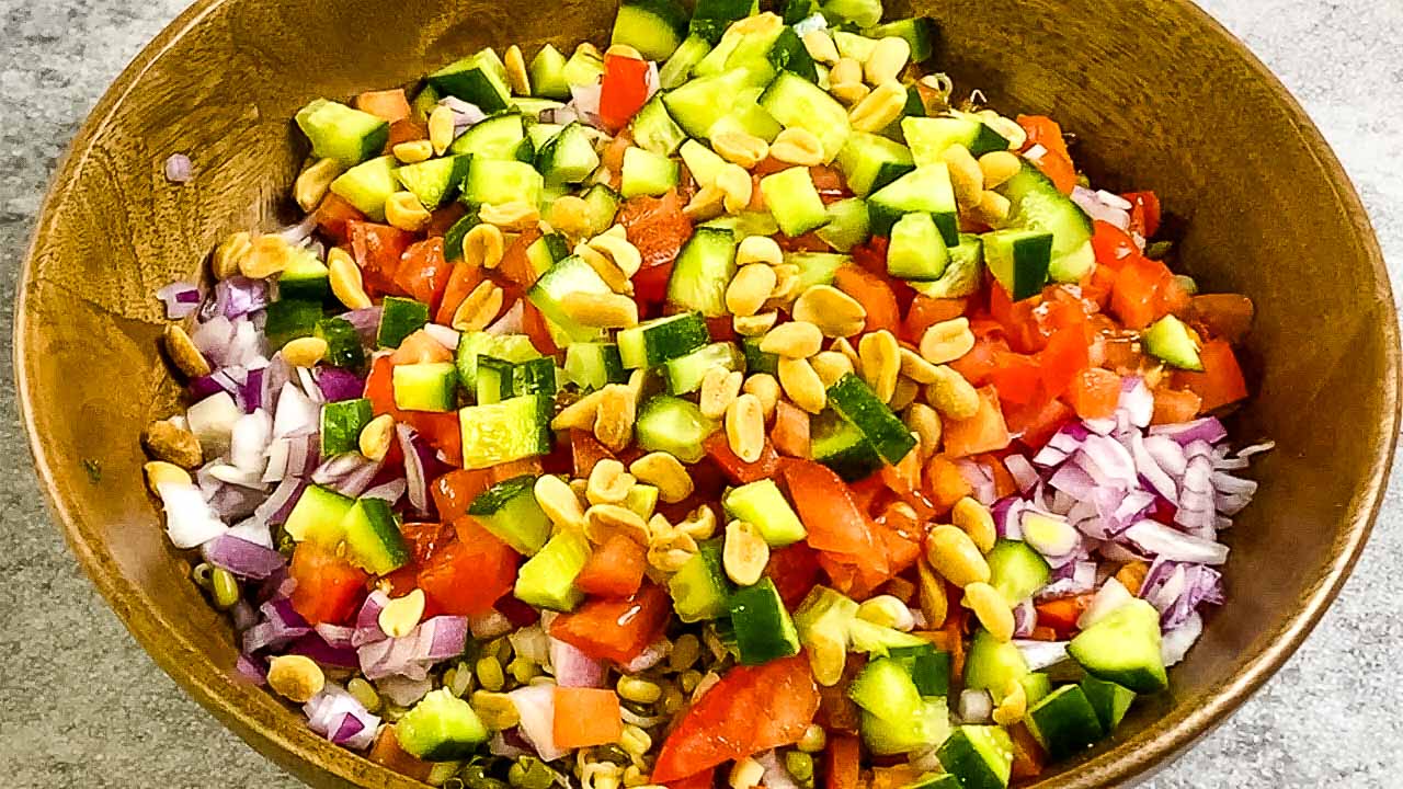 Sprouted Mung Salad (Indian Moong Bean Salad Recipe) Caramel and Spice