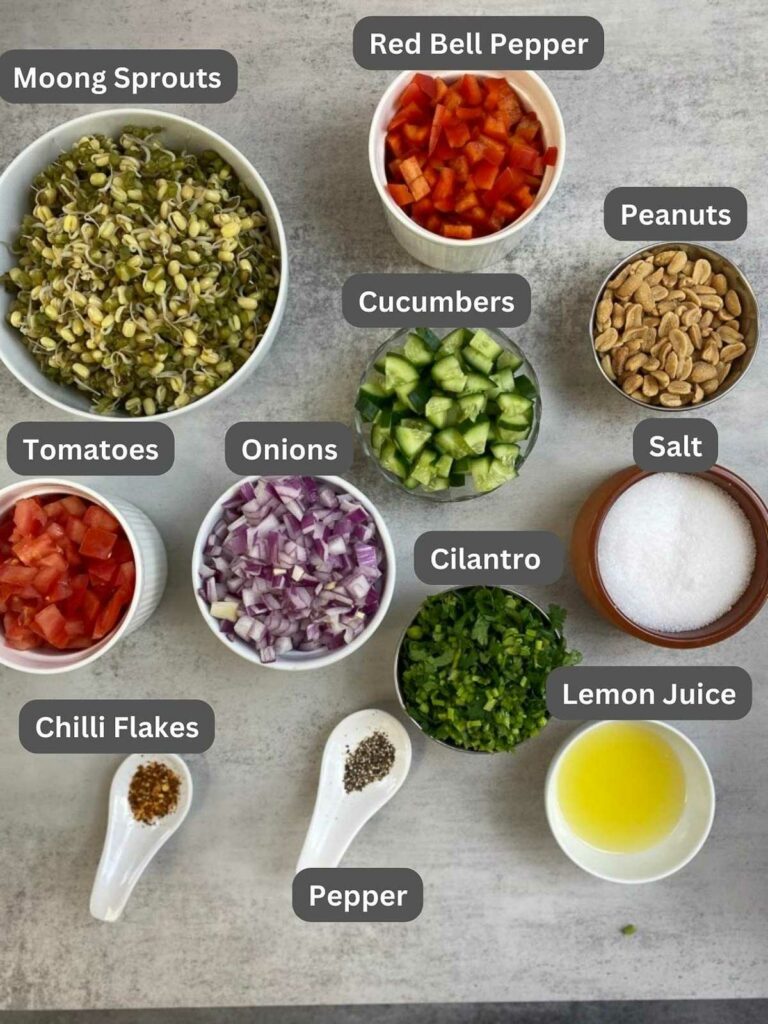 Ingredients in bowls for sprouts salad recipe