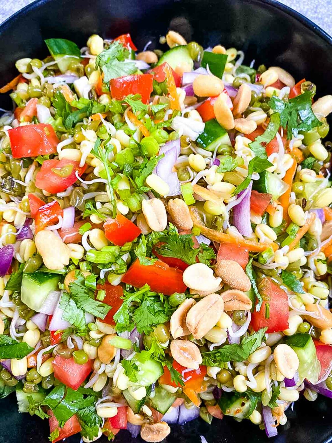Sprouted Mung Salad (Indian Moong Bean Salad Recipe) Caramel and Spice