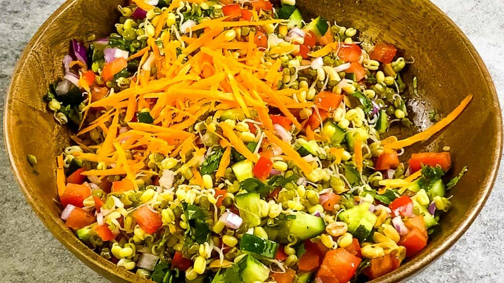 Sprouted Mung Salad (Indian Moong Bean Salad Recipe) 