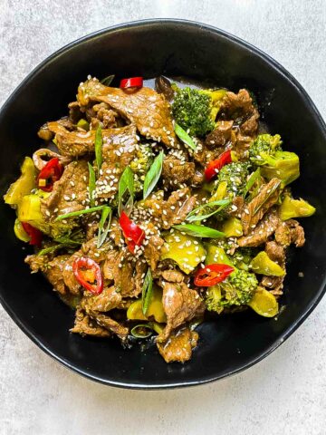 Beef and broccoli stir fry in a bowl