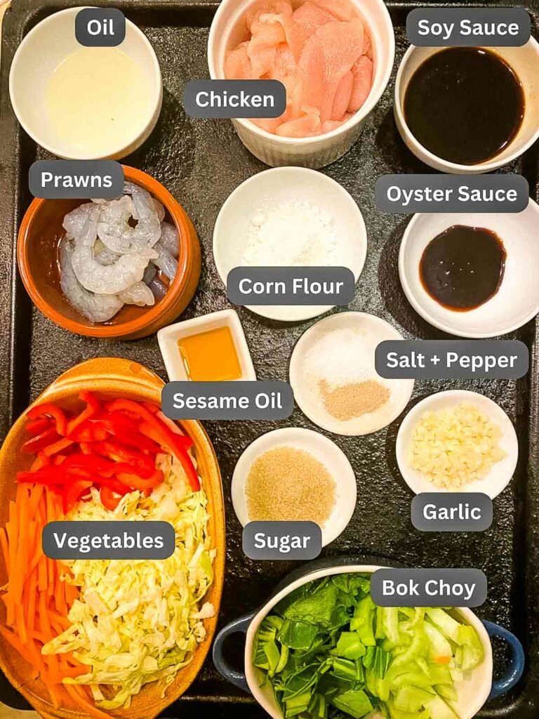 Chow Mein Ingredients in bowls what is in special chow mein