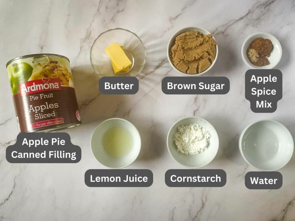 canned apple pie filling ingredients on white board