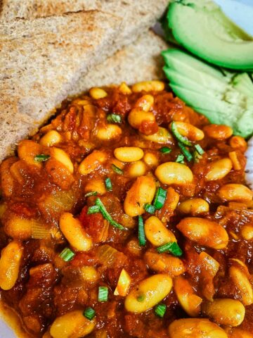 Baked beans with toast and avocado