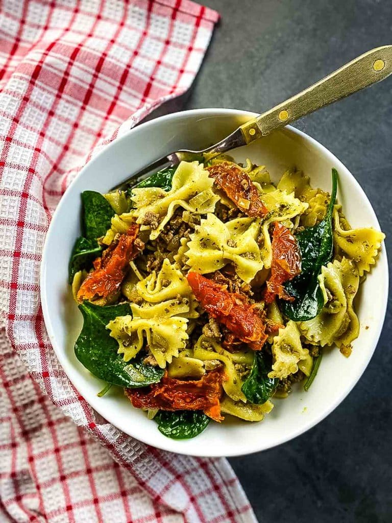 Pesto Ground Beef Pasta Caramel and Spice