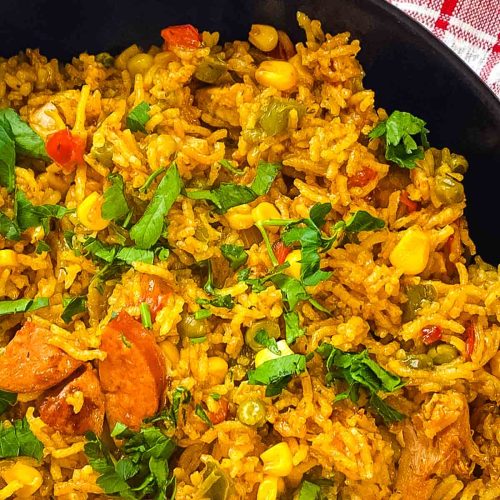 Peri Peri Rice with chorizos and vegetables.