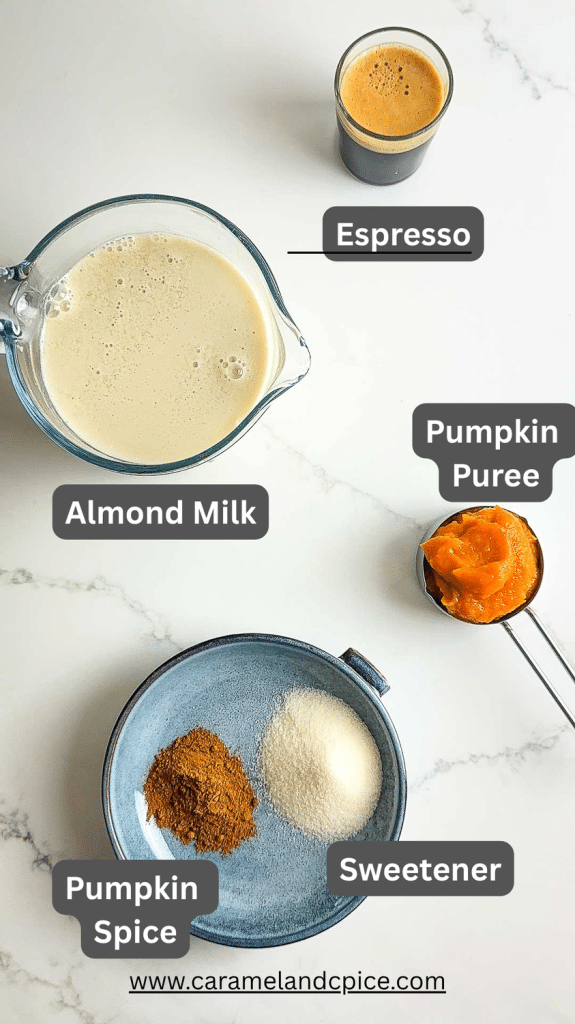 Pumpkin Spice Latte ingredients laid out: pumpkin purée, pumpkin pie spice, milk, coffee, sweeteners